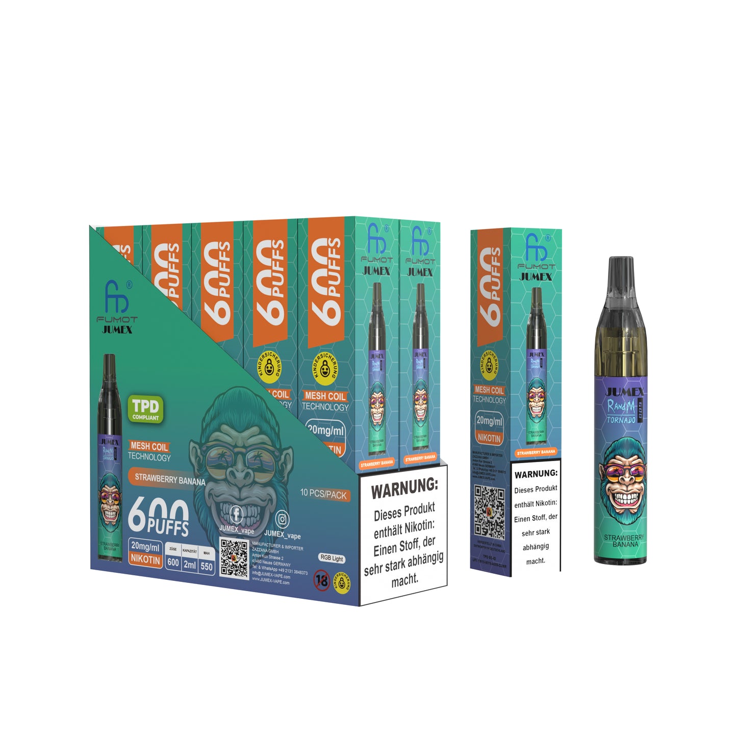 JUNG Jumex 600 Strawberry Banana Nikotin Vape Einweg E-Zigarette 600 Züge Verdampfer Bananen Erdbeeren Tropenfrucht Liquid Dampfer Nikotinhaltig für Erwachsene