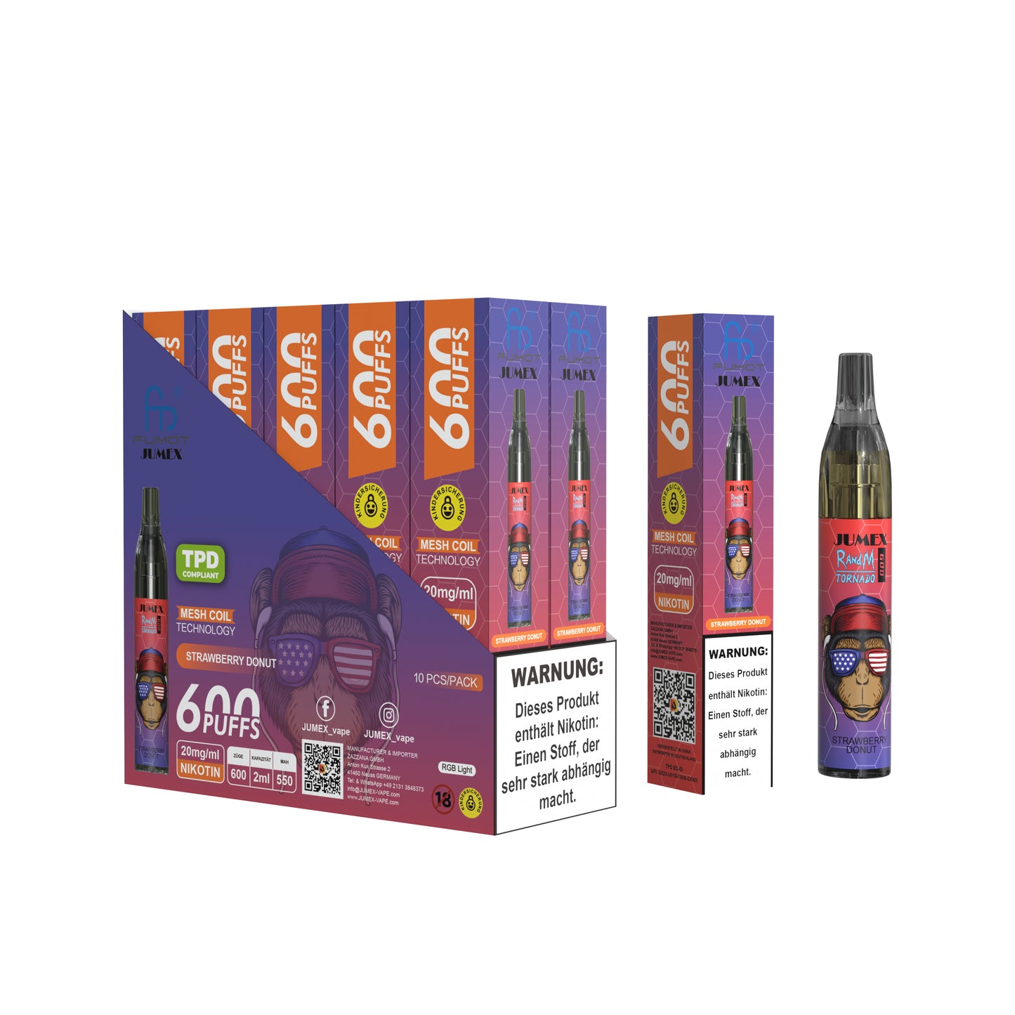 JUNG Jumex 600 Strawberry Donut Nikotin Vape Einweg E-Zigarette 600 Züge Verdampfer Erdbeere Donut Geschmack Liquid für Erwachsene Nikotininhaltig