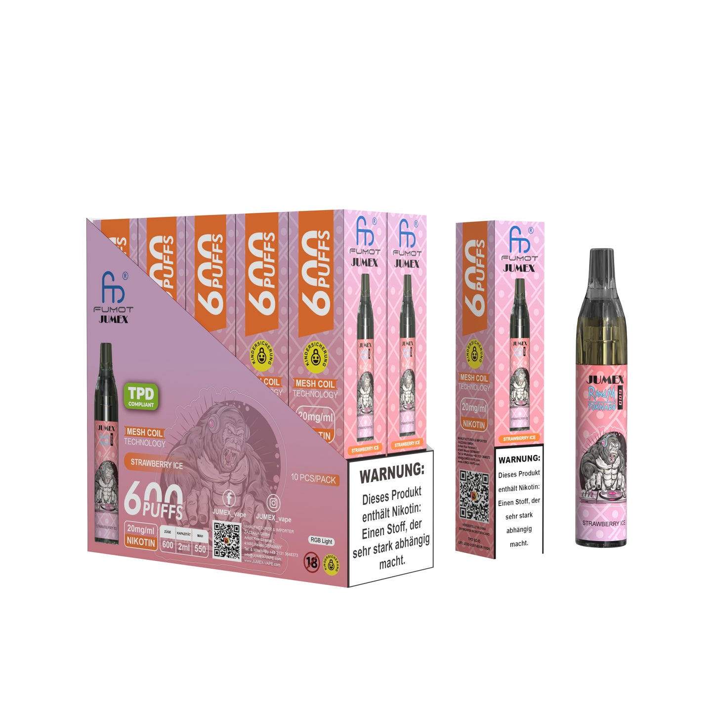 JUNG Jumex 600 STRAWBERRY ICE Einweg E-Zigarette mit Nikotin – 600 Züge Vape Pen – Fruchtig-frisches Erdbeer-Menthol Liquid – Kompakt, Aromatisch, Nikotinstark, Ideal für unterwegs