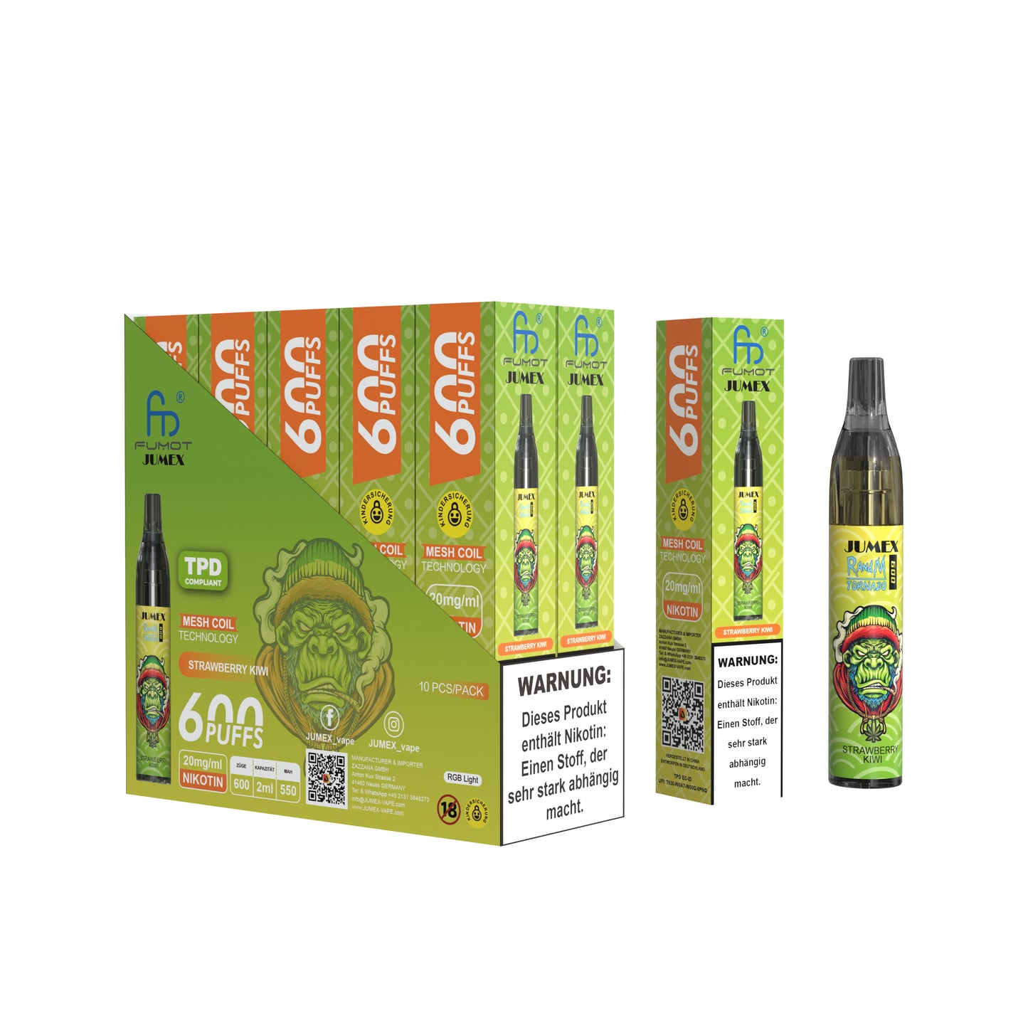 JUNG Jumex 600 STRAWBERRY KIWI Vape – Einweg E-Zigarette mit 600 Zügen – Nikotin 20 mg – Fruchtige Erdbeer-Kiwi Mischung – Sofort einsatzbereit, kein Nachfüllen, kompakt & praktisch
