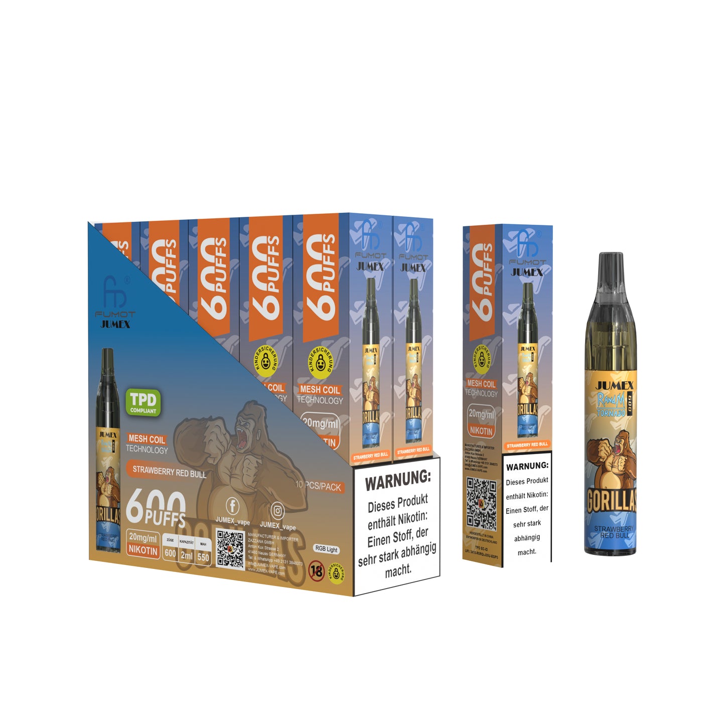 JUNG Jumex 600 STRAWBERRY REDBULL Vape – Einweg E-Zigarette mit Nikotin 20 mg – 600 Züge – Fruchtiger Erdbeer-Energy-Geschmack – Sofort einsatzbereit, stylisch & aromatisch