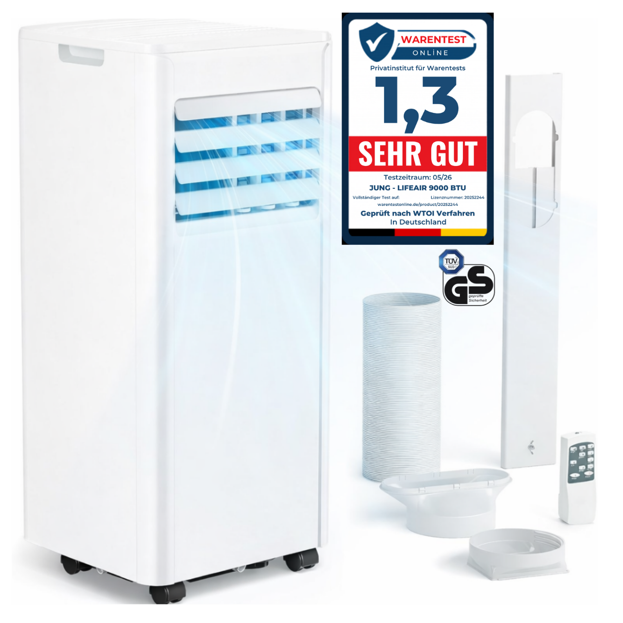 JUNG LIFEAIR Mobile Klimaanlage 9000 BTU / 2,6 KW, 3in1 mobiles KlimagerÀt, Ventilator, Luftentfeuchter, inkl Fenster-Installationsset, RÀume bis 25qm