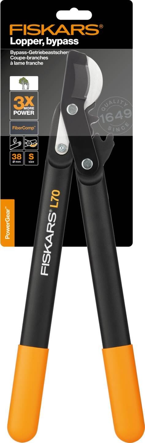 Fiskars PowerGear II L70 Bypass-Getriebeastschere für frisches Holz, Antihaftbeschichtet, Gehärteter Präzisionsstahl, Langlebige Gartenschere, Leicht, Ergonomisch, Schneidleistung bis 3,8 cm Durchmesser, Schwarz/Orange, 46 cm