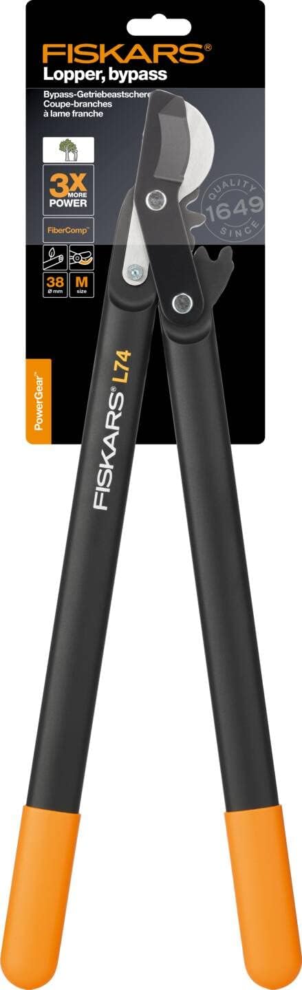 Fiskars PowerGear II L74 Bypass-Getriebeastschere für frisches Holz, Antihaftbeschichtet, Gehärteter Stahl, 55 cm, Leichtgewicht Gartenwerkzeug, Astschere, Baumschere, Schwarz/Orange, Ergonomisch, Minimale Kraftaufwand