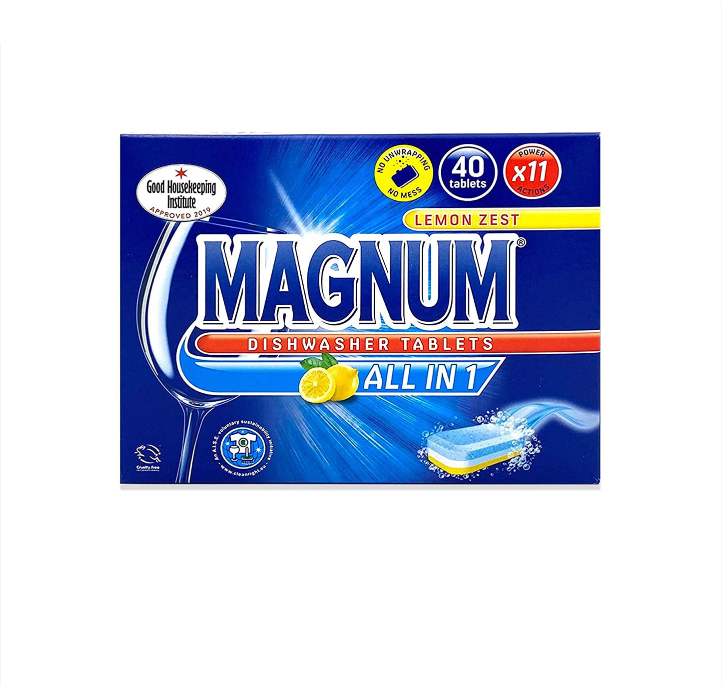 ALDI MAGNUM Spülmaschinentabs 40 Stück ohne Plastik All in One wasserlösliche Folie phosphatfrei Klarspüler Fettlöser Glasschutz Edelstahlglanz Silberschutz Maschinenpflege Reinigungstabs Tabs