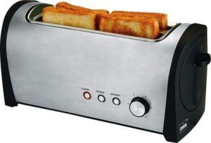 Mia TA0080 Edelstahl Toaster mit Brötchenaufsatz, variabler Bräunung, kompakt, leistungsstark 1000W, automatische Abschaltung, herausnehmbare Krümelschublade, Frühstücks-Toaster, platzsparend