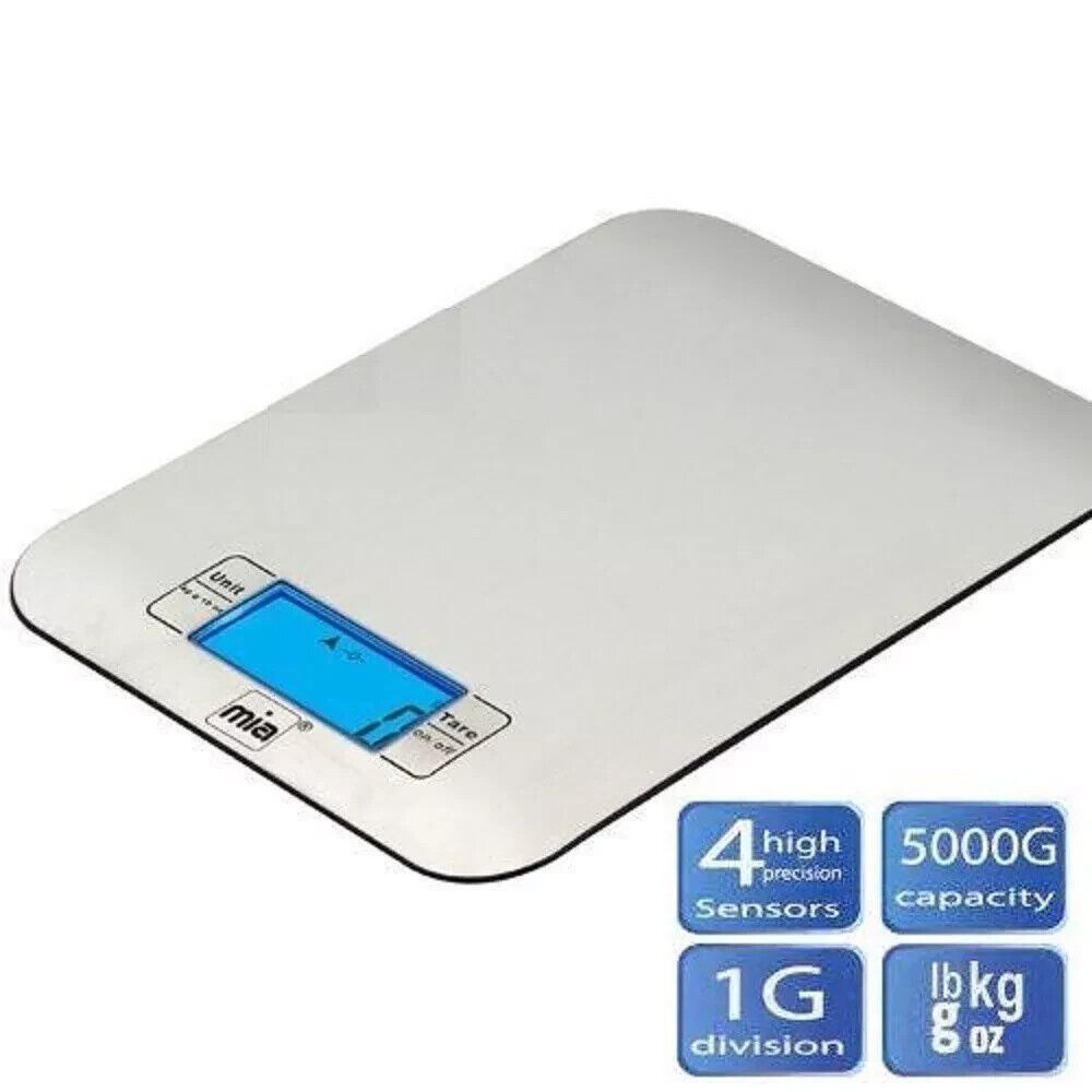 MIA KW 7006 Digitale Edelstahl Küchenwaage, LED-Anzeige, Tara-Funktion, präzise Messung 1 g, Küchenwaage bis 5 kg, Digitale Waage mit Edelstahl-Oberfläche für Kochen und Backen