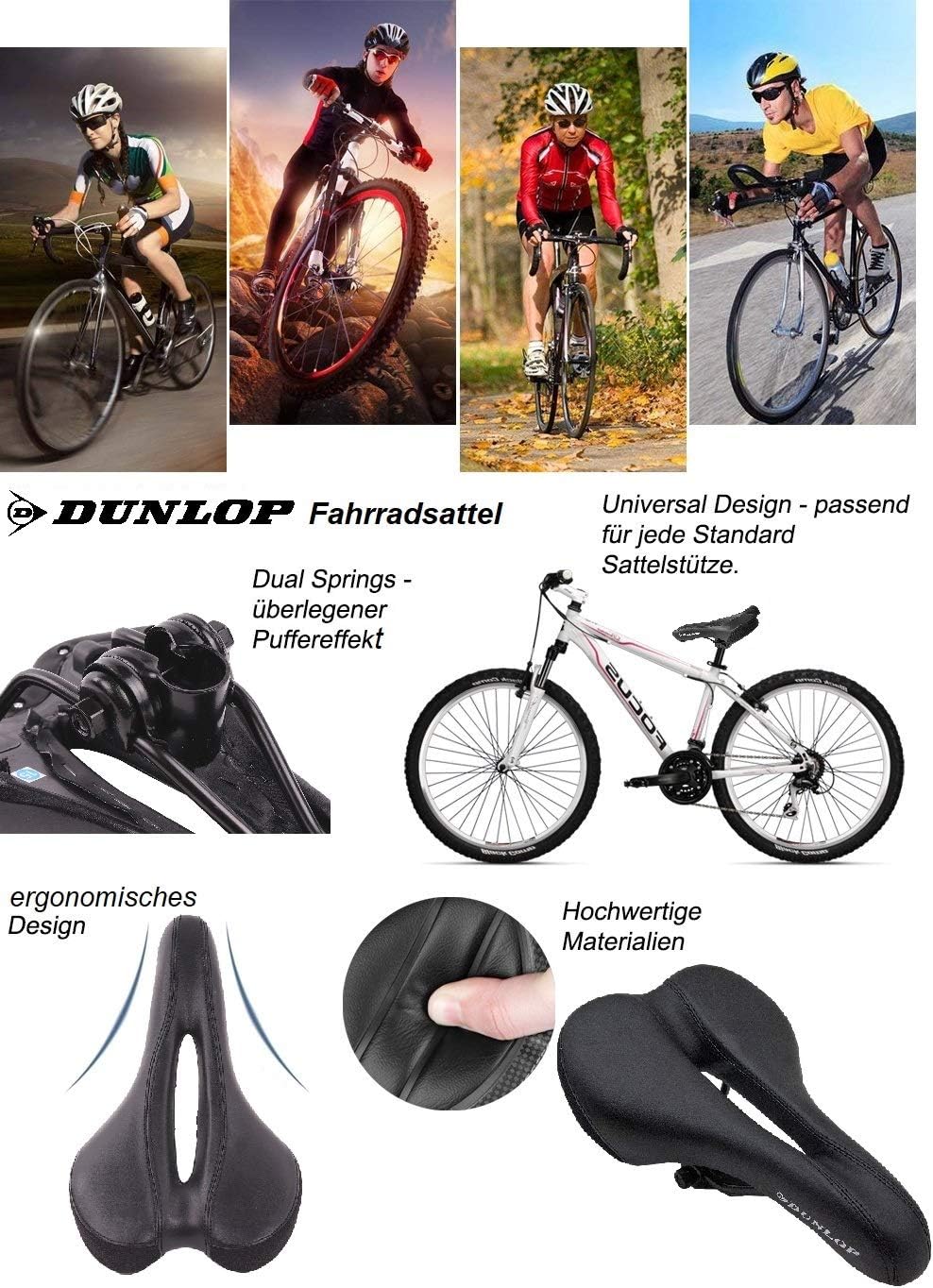 DUNLOP FGM19 Ergonomischer MTB Fahrradsattel, Gel-Sattel für Damen und Herren, Komfort-Sattel für Mountainbike, Rennrad, Trekkingrad, Atmungsaktiv, Stoßdämpfend, Lendenwirbelsäulenschonend, wasserabweisend, Schwarz