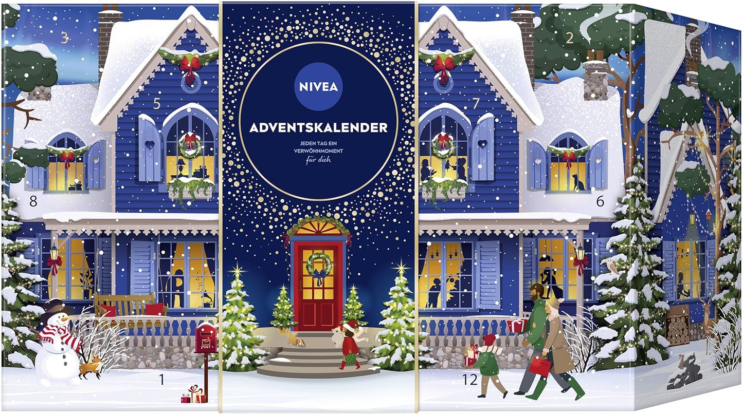 NIVEA Adventskalender 2025, 24 Pflegeprodukten, Hautpflegeartikeln, Lippenpflege, Beauty, für Frauen und Mädchen, Advent, Weihnachten ( Wert 200€ )