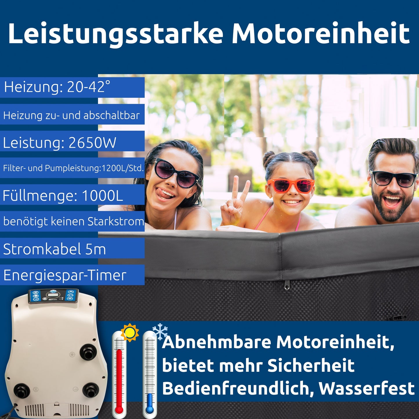JUNG Octopus Spa Whirlpool Ø 193 cm, 5 Personen, Stabile Struktur, 1000L, beheizter Indoor & Outdoor Pool, Energieeffizient, Halbstarre Struktur, Antibakterielles Gewebe, Einfacher Aufbau