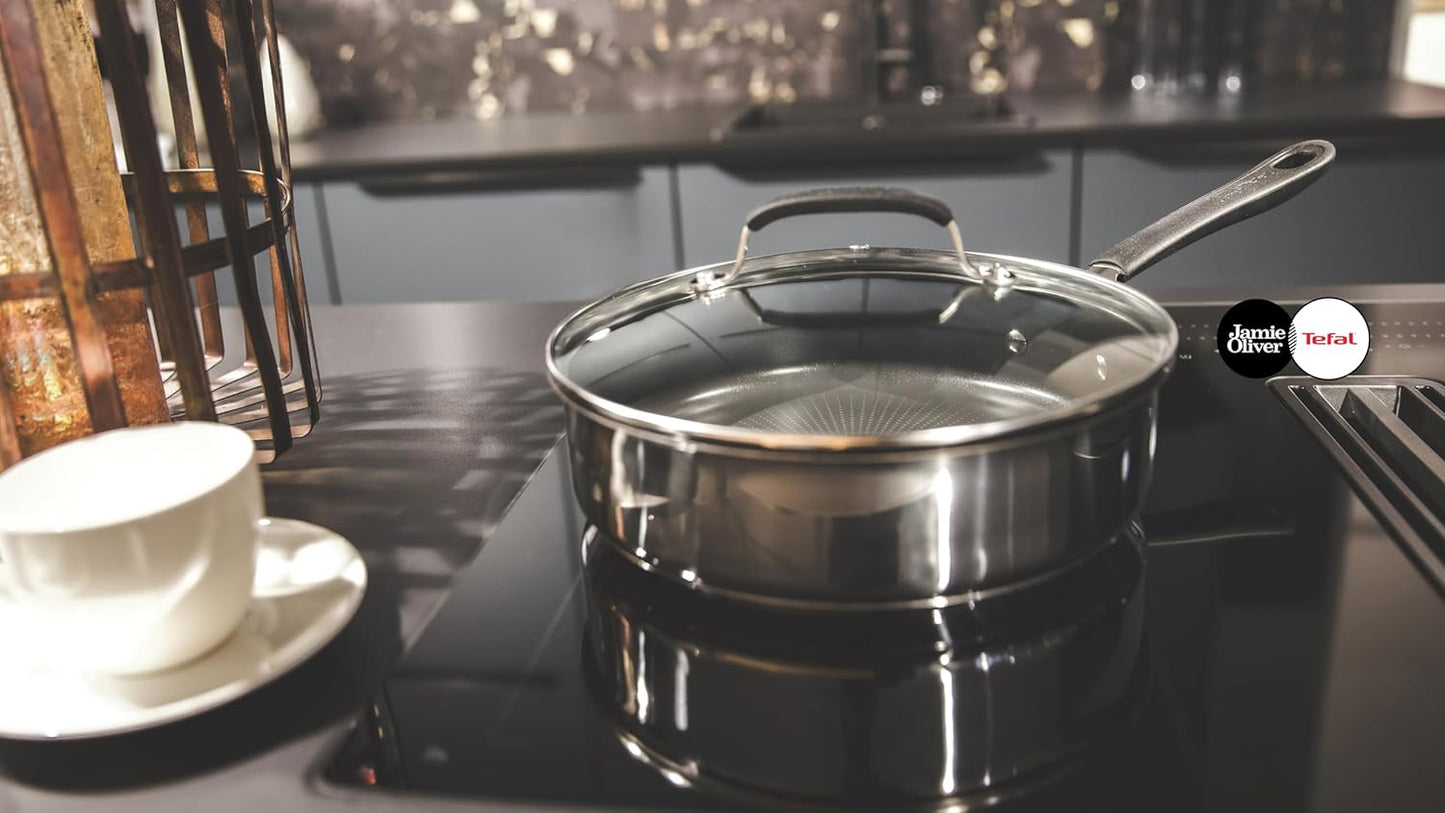 Tefal E30 Jamie Oliver Pfannenset - Edelstahl Pfanne 20 + 24 + 28cm, Schmorpfanne 25cm mit Deckel, Antihaft Beschichtet, Induktion geeignet, Genieteter Griff, Hoher Rand, Backofenfest, ThermoSpot