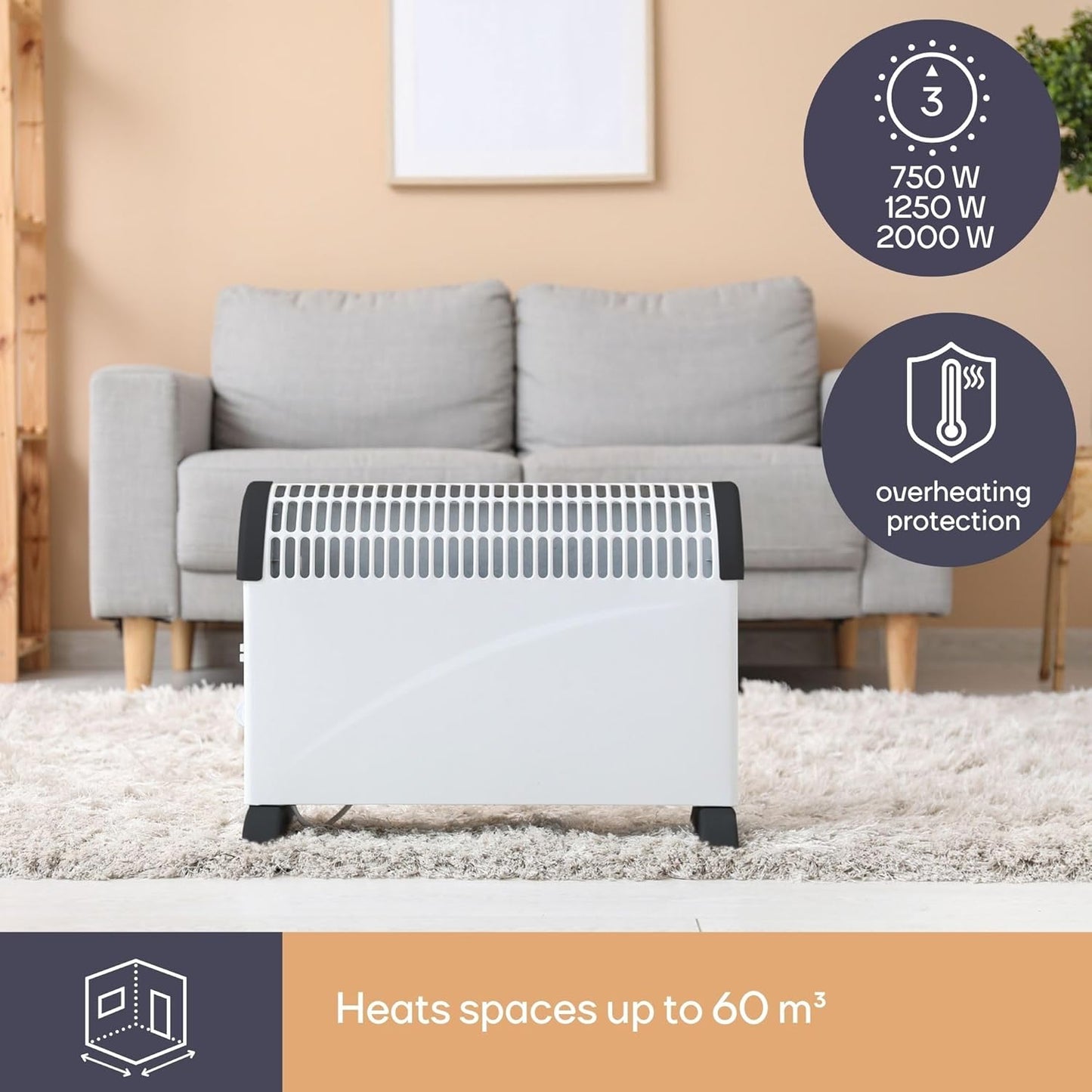 Perel Konvektor Heizung, Elektroheizung 2000 W, mobile Konvektorheizung, Heizgerät mit 3 Heizstufen und Raumthermostat, energieeffizient, Überhitzungsschutz, für Innenräume bis 60 m³, Weiß