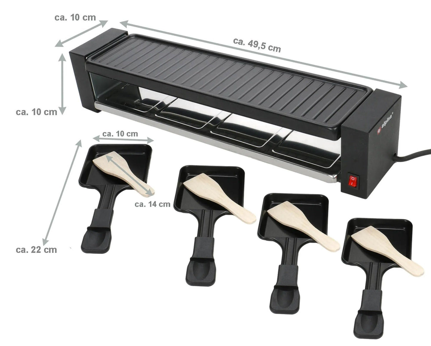 JUNG ALPINA ED-223292 Raclette-Grill Steingrill 4 Personen, 800W Partygrill für Fleisch, Fisch, Gemüse, Antihaftbeschichtete Grillplatte, Verstellbarer Thermostat