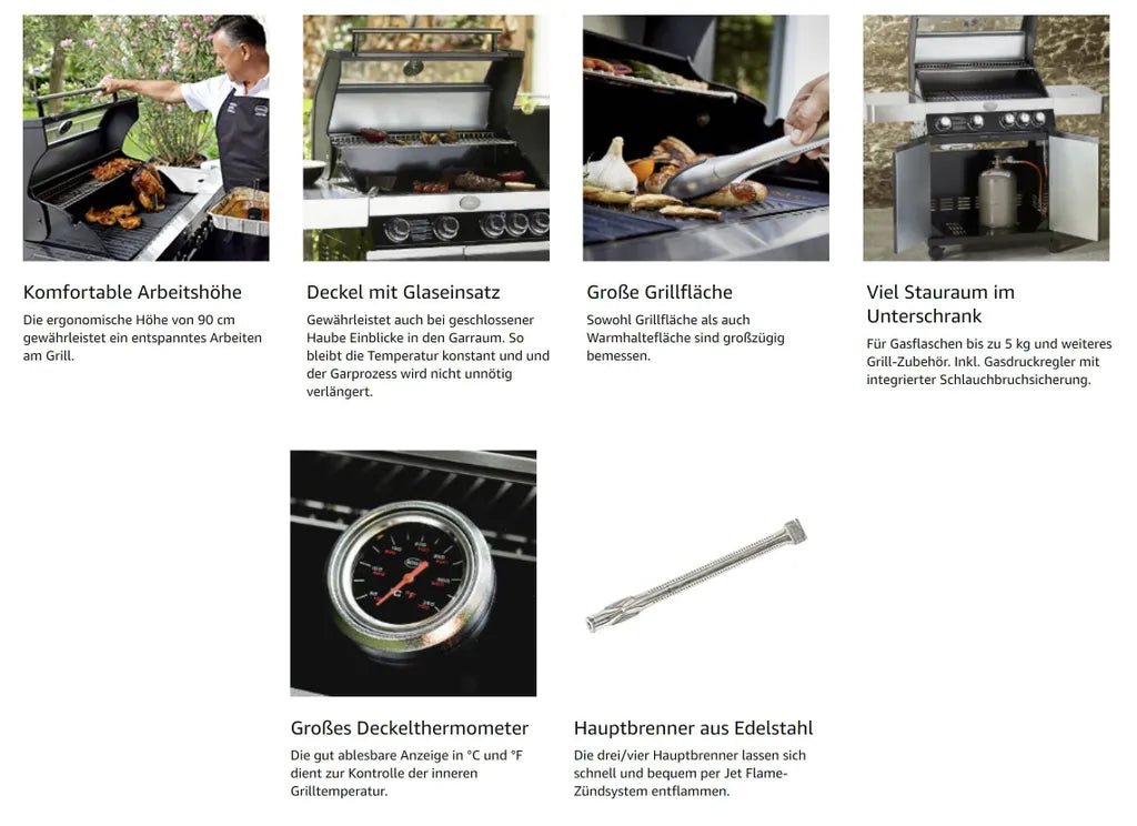 RÖSLE Gasgrill G3 Edelstahl Gasgrill BBQ-Station mit 3 Hauptbrennern, Gusseisenrost, Glaseinsatz im Deckel, Grillstation für Garten Balkon Terrasse, Gasgrill mit Stauraum und Zubehör