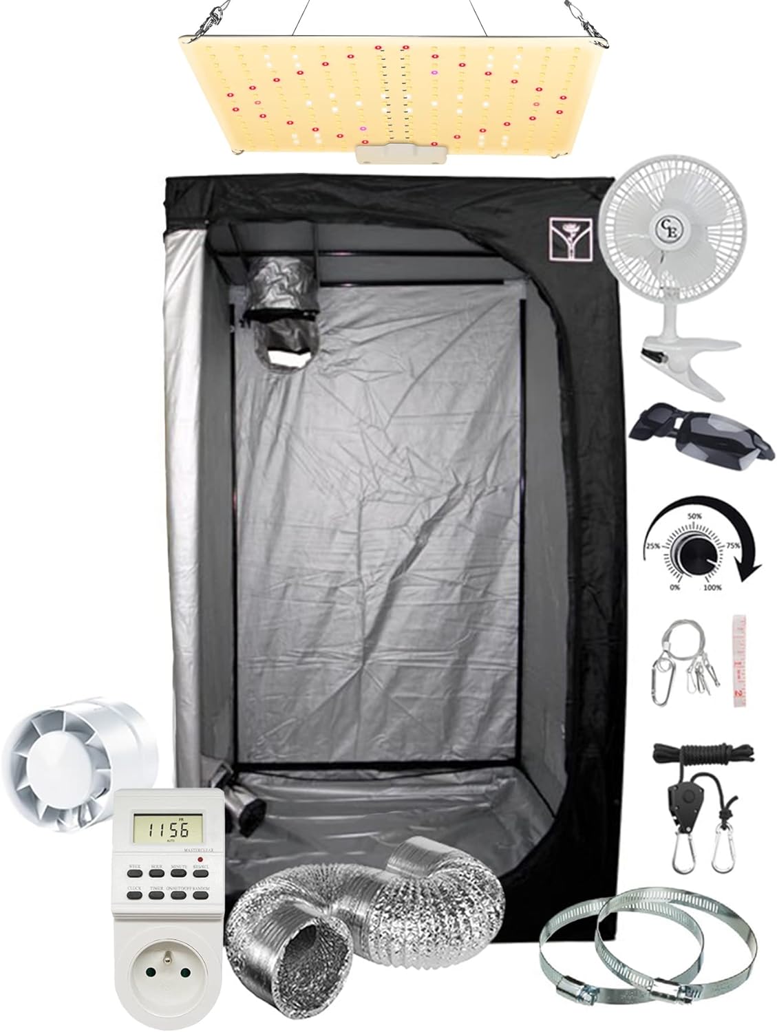 SUPACROP Indoor Growbox Komplettset mit dimmbarer 100 W Samsung LM281B Full Spectrum LED, Abluftventilator 125 mm, Aluminiummantel, Zeitschaltuhr und Schutzbrille für professionellen Indoor-Pflanzenanbau