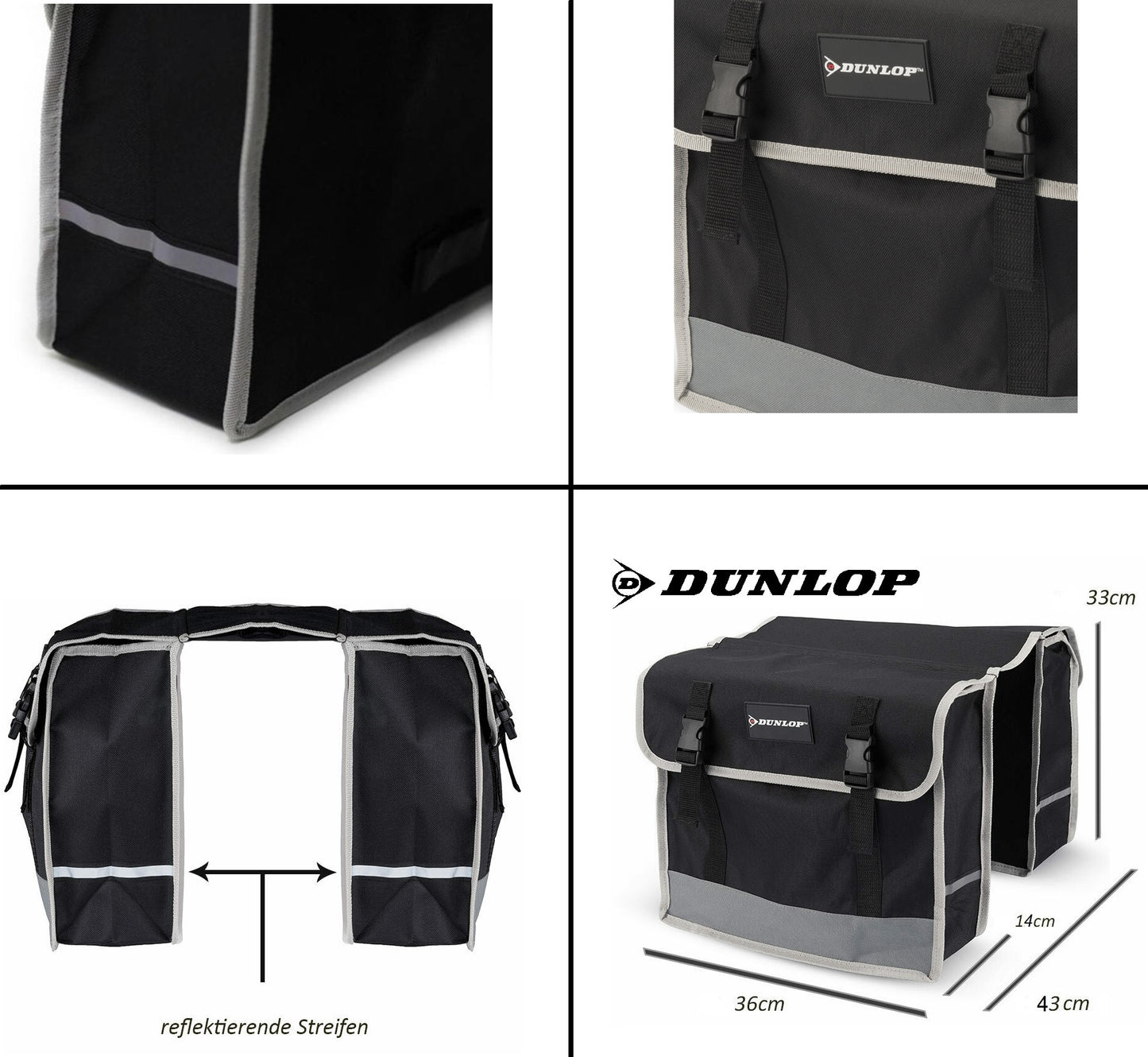 Dunlop FGT19 Doppel-Fahrradtasche Gepäckträgertasche, stabile Satteltasche für Fahrräder, wasserfestes Polyester-Gewebe, 29 Liter Volumen, Gepäckträger-Tasche für Damen und Herren, strapazierfähig, mit Reflektoren