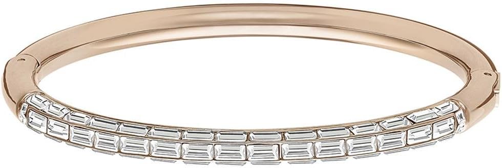 Swarovski Damen Armreif Domino 5184147, Rotgold PVD Beschichtet, Kristallarmreif mit Weißem Baguette-Schliff, Metalllegierung, Größe L, 6.2 x 5.6 cm, Hochwertiger Glanzschmuck für Damen
