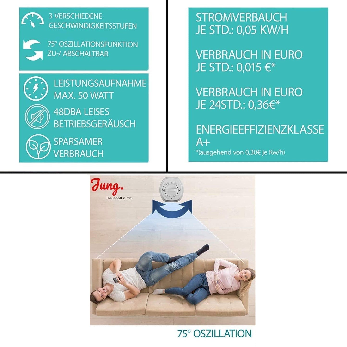 Commodoor TV01 Turmventilator mit Fernbedienung, 50W, Standventilator 76cm, sehr leise, Schwenkfunktion, 3 Geschwindigkeitsstufen, 75° Oszillation