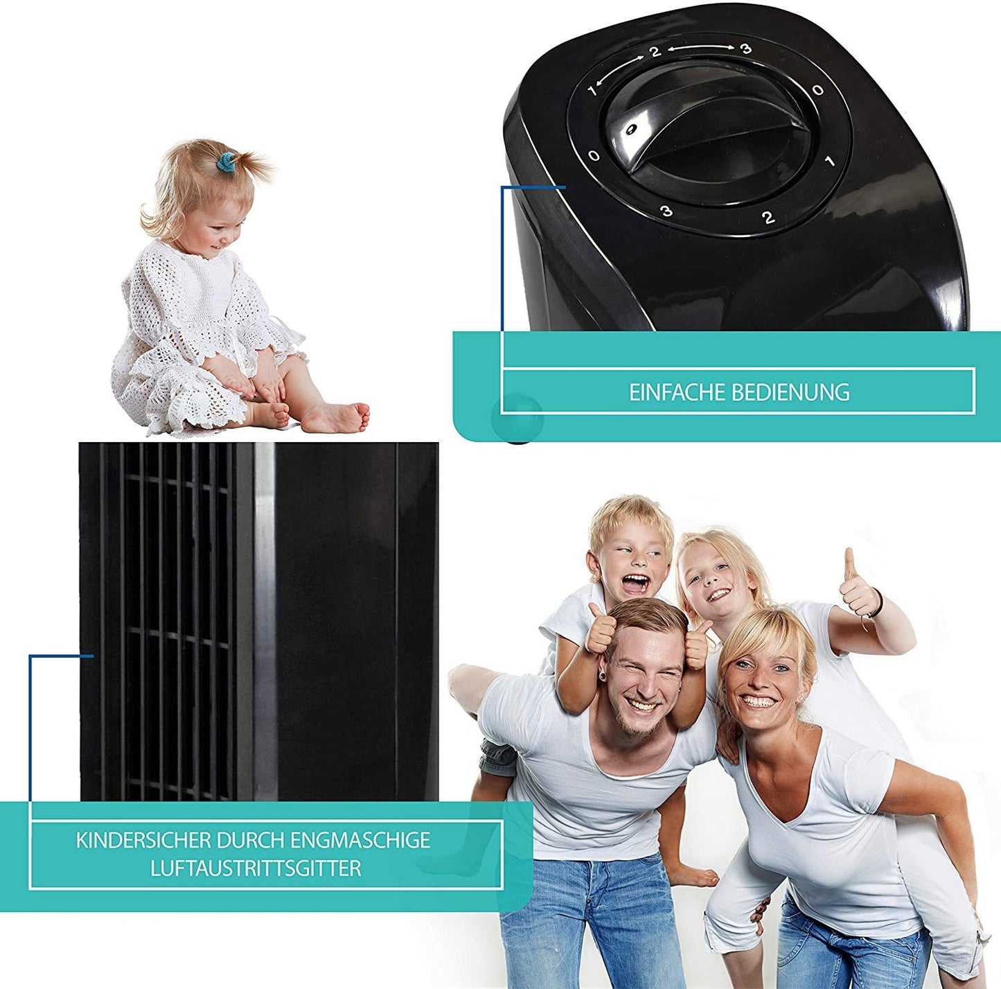 Commodoor TV02 Turmventilator 76cm, Schwarz – Leiser Säulenventilator mit 3 Geschwindigkeitsstufen, 75° Oszillation, Energieeffizienzklasse A+, Ideal für Räume bis 50 m², Geräuscharmer Betrieb und modernes Design
