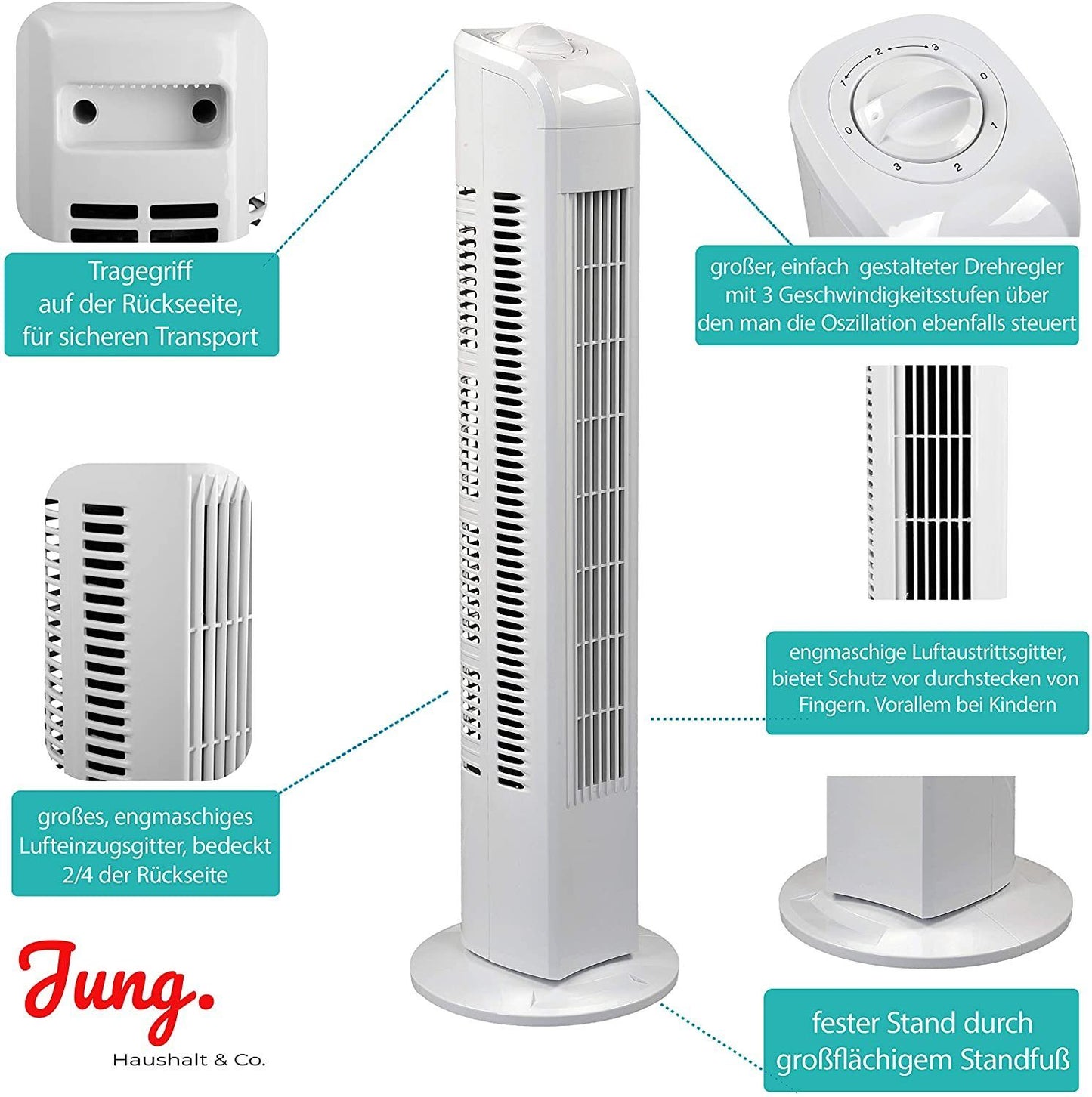 Commodoor TV01 Turmventilator mit Fernbedienung, 50W, Standventilator 76cm, sehr leise, Schwenkfunktion, 3 Geschwindigkeitsstufen, 75° Oszillation