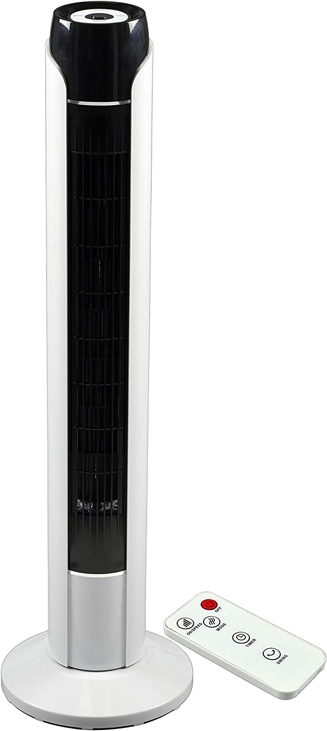 Commodoor TVE23 Turmventilator mit Fernbedienung, 50W, Standventilator 90cm, sehr leise, Schwenkfunktion, 3 Geschwindigkeitsstufen, 75° Oszillation