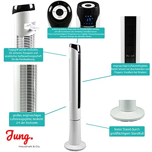 Commodoor TVE24 120 cm Turmventilator mit Fernbedienung, 45W, leise, energiesparend, Kinderzimmer geeignet, für Räume bis 50 m², Luftkühler