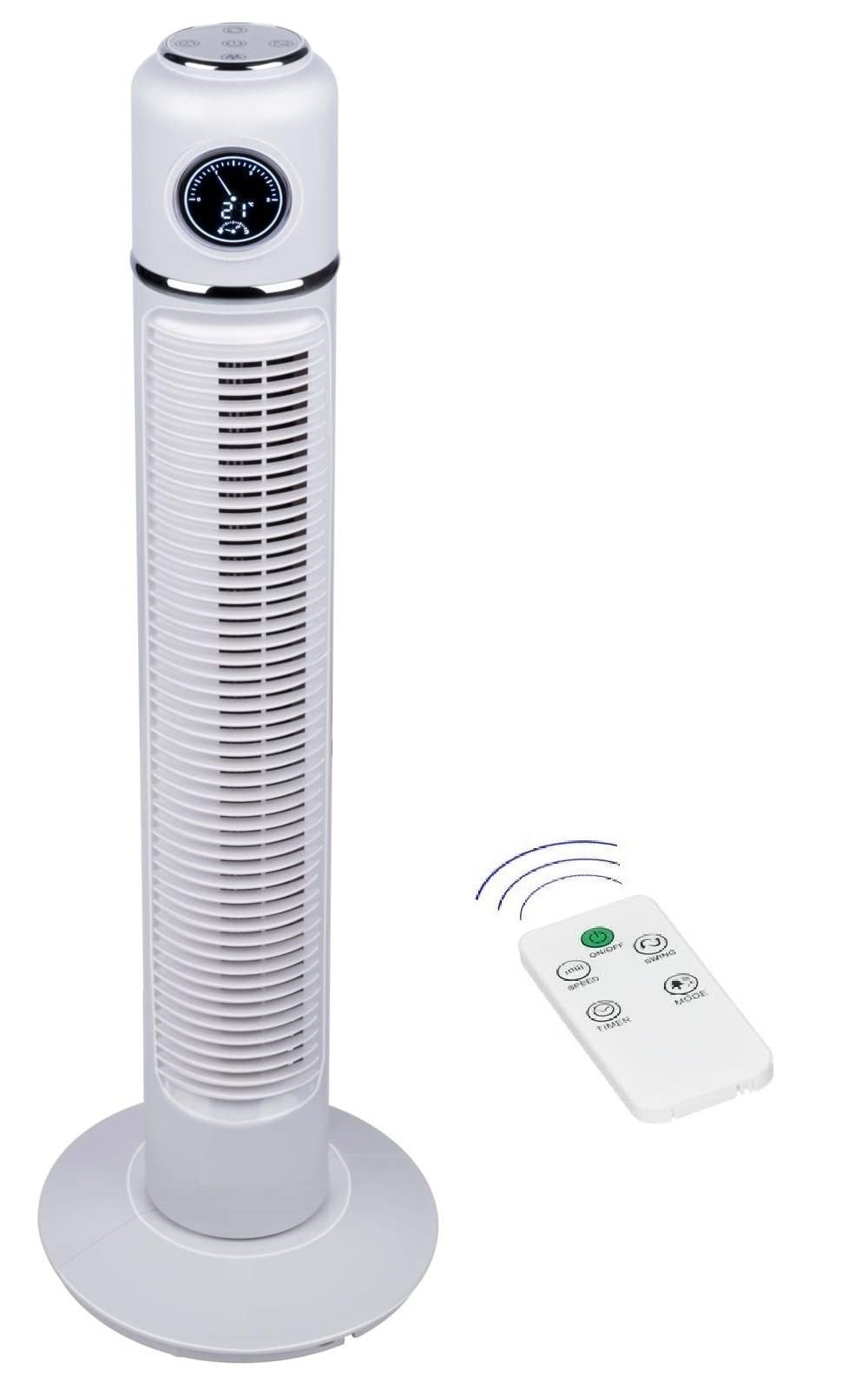 Commodoor TVE26 Ventilator mit Fernbedienung und Timer, 76 cm Turmventilator für Schlafzimmer Büro Wohnzimmer – Oszillierend, sicher, stromsparend, modern Energiesparender leiser Standventilator