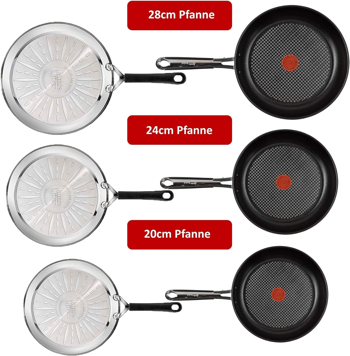 Tefal E30 Jamie Oliver Set 13 Edelstahlpfannenset Induktion 6-teilig 20 cm + 24 cm + 28 cm mit Titanium Excellence Antihaftbeschichtung, ThermoSpot, rutschfestem Griff, für alle Herdarten geeignet, Spülmaschinenfest
