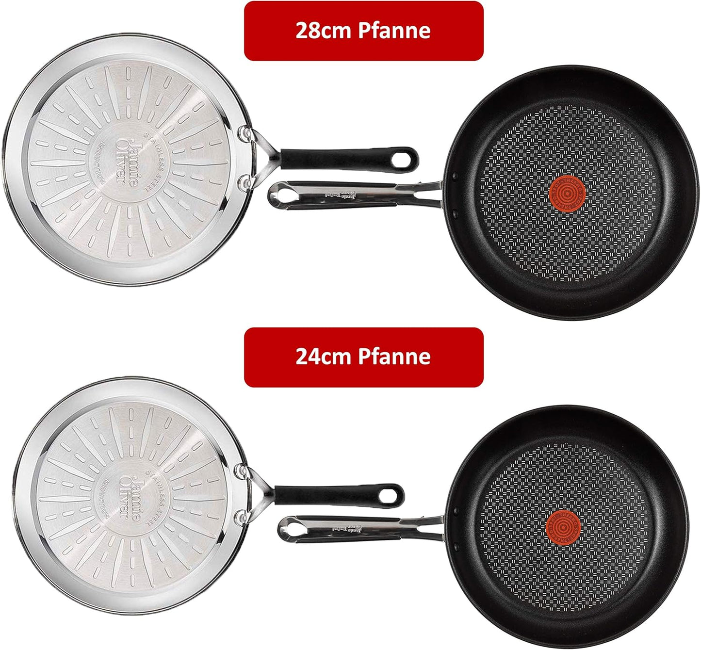 Tefal E30 Jamie Oliver Edelstahlpfannenset Induktion Set 9 - 4-teilig 28 cm + 24 cm Bratpfannen mit ThermoSpot Antihaftbeschichtung Titan Excellence, rutschfeste Griffe, für Induktionsherd, Backofenfest, Spülmaschinengeeignet
