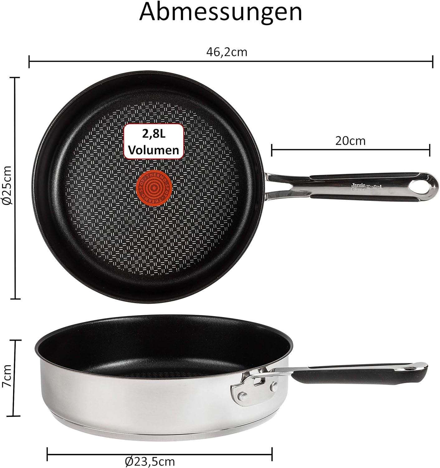 Tefal E30 Jamie Oliver Set 5 Schmorpfanne Induktion 25 cm, Pfanne mit Deckel, Titanium Excellence Antihaftbeschichtung, Spülmaschinenfest, Hitzebeständig, Für Alle Herdarten, Pfanne mit ThermoSpot