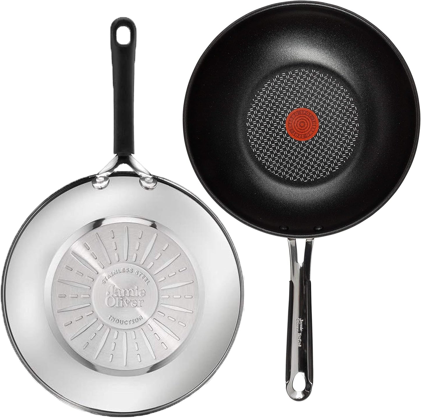 Tefal E30 Jamie Oliver Set 4 Wokpfanne Induktion 28 cm, Wokpfanne mit Antihaftbeschichtung, Spülmaschinenfest, Rutschfester Griff, Für Alle Herdarten, Silber, Hitzebeständig bis 260°C