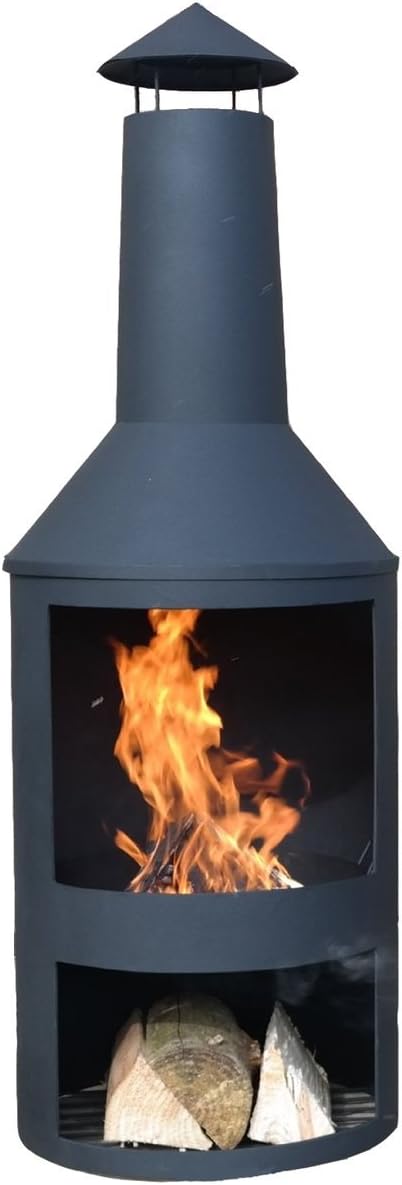 Valencia Premium Garten-Terrassenofen aus schwerem Eisen und Edelstahl – Hitzebeständiger Outdoor Kamin mit schwarzer Pulverbeschichtung, Ø46 cm Durchmesser, 140 cm Höhe, für Holz und Holzkohle