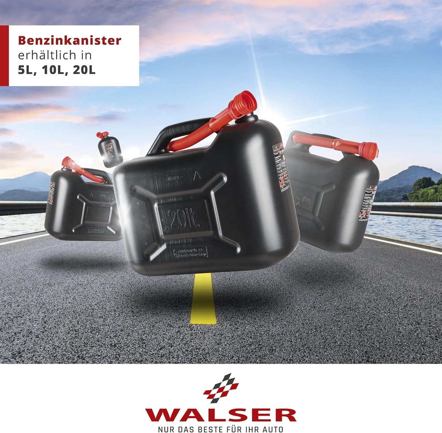 Walser Benzinkanister 10L, UN-geprüfter Kraftstoffkanister, Sicherheitsverschluss, Kunststoffkanister für Benzin und Diesel, mit Ausgießer, Reservekanister schwarz/rot für Auto und Garage
