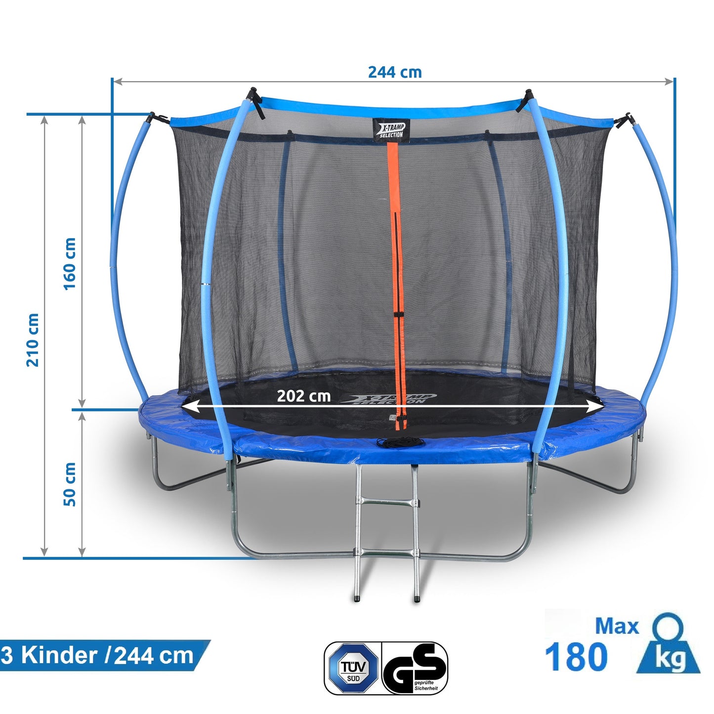 SENA X-Tramp Selection Ø 244 cm, Gartentrampolin für 3 Kinder oder 2 Erwachsene, TÜV geprüft, 180 kg belastbar, mit Sicherheitsnetz, Randabdeckung und Polsterung, ideales Fitness- und Spielgerät für den Garten