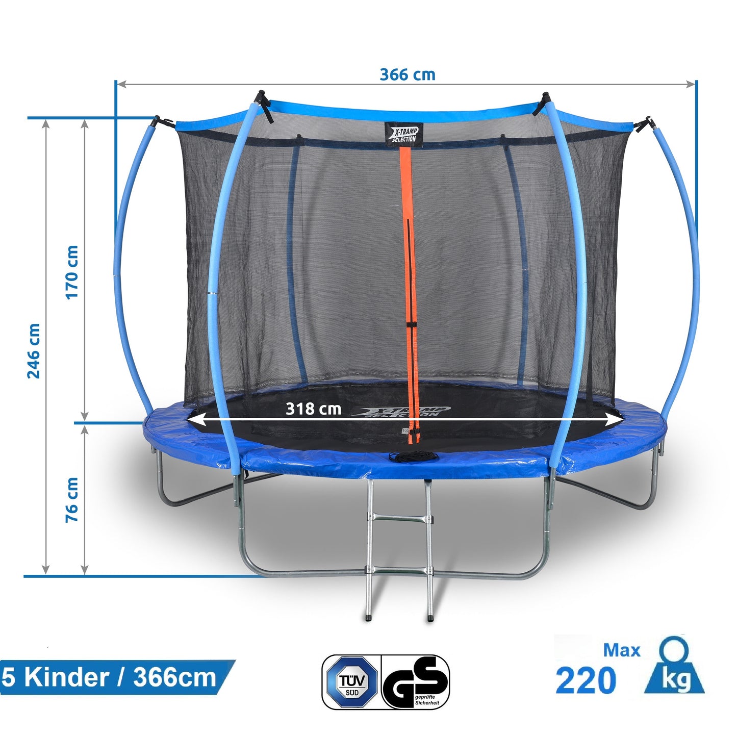 SENA X-Tramp Selection Trampolin Ø 366 cm, Gartentrampolin für 5 Kinder oder 4 Erwachsene, TÜV geprüft, 200 kg belastbar, mit Sicherheitsnetz, Randabdeckung und Polsterung, ideales Fitness- und Spielgerät für den Garten