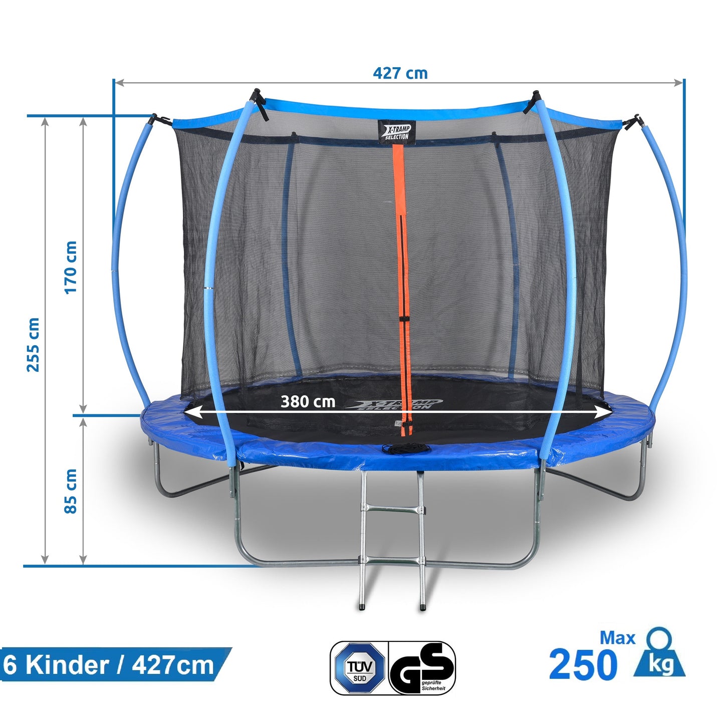 SENA X-Tramp Selection Trampolin Ø 427 cm, Gartentrampolin für 6 Kinder oder 4 Erwachsene, TÜV geprüft, 250 kg belastbar, mit Sicherheitsnetz, Randabdeckung und Polsterung, ideales Fitness- und Spielgerät für den Garten