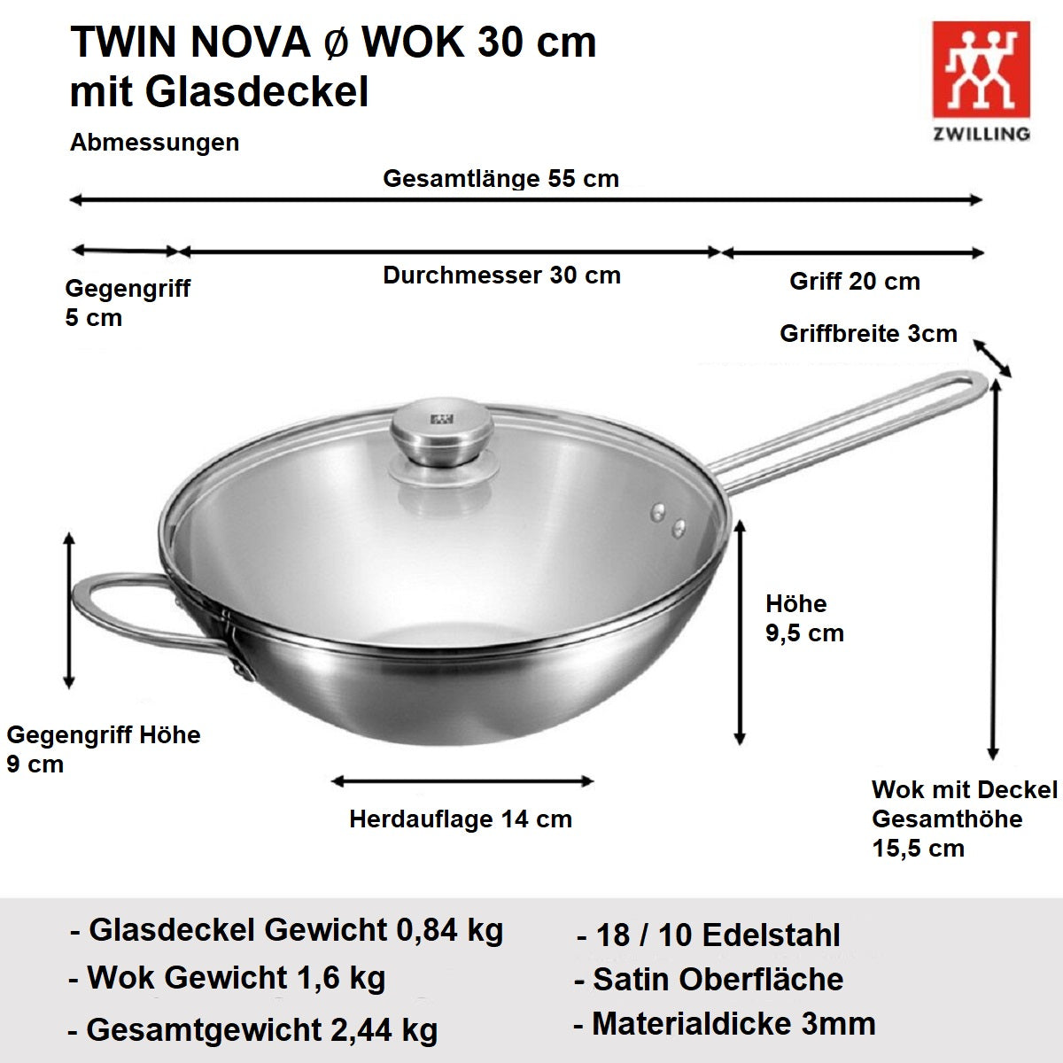 Zwilling Twin Nova Wokpfanne 30 cm Induktionsgeeignet mit Glasdeckel und Chinesischem Kochmesser Set – Unbeschichtet und Kratzfest für Alle Herdarten