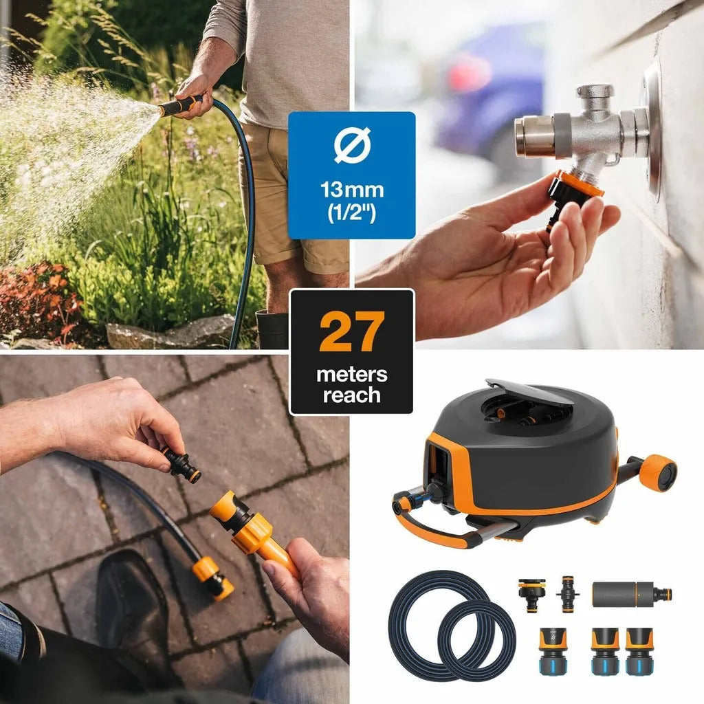 Fiskars Waterwheel XL Schlauchtrommel mit automatischem Aufroller, 20 Meter Auslaufschlauch, 7 Meter Zulaufschlauch, verstellbare Sprühdüse, Universal-Hahnverbinder, freistehend mit 360° Drehmechanismus, Gummiräder, Teleskopgriff