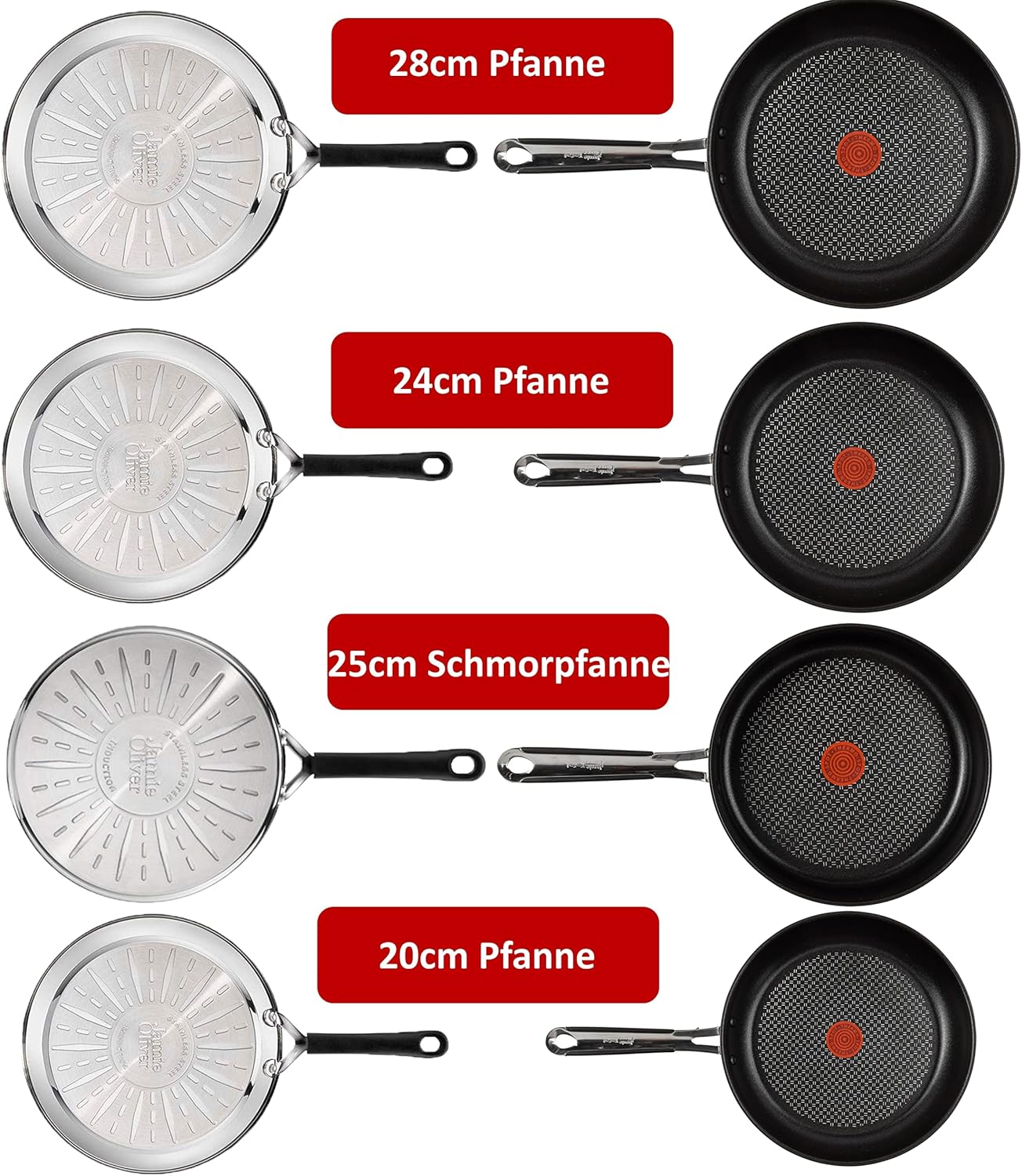 Tefal E30 Jamie Oliver 7-teiliges Set 18 Pfannenset Induktion, Schmorpfanne 25 cm mit Glasdeckel, Pfannen 20 cm, 24 cm, 28 cm, Antihaftbeschichtet, Spülmaschinenfest, Silber