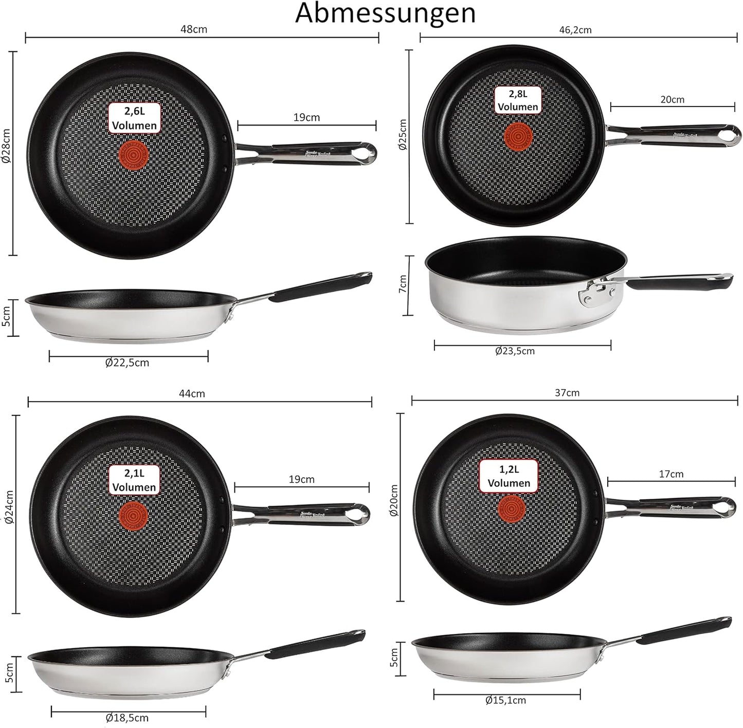 Tefal E30 Jamie Oliver 7-teiliges Set 18 Pfannenset Induktion, Schmorpfanne 25 cm mit Glasdeckel, Pfannen 20 cm, 24 cm, 28 cm, Antihaftbeschichtet, Spülmaschinenfest, Silber