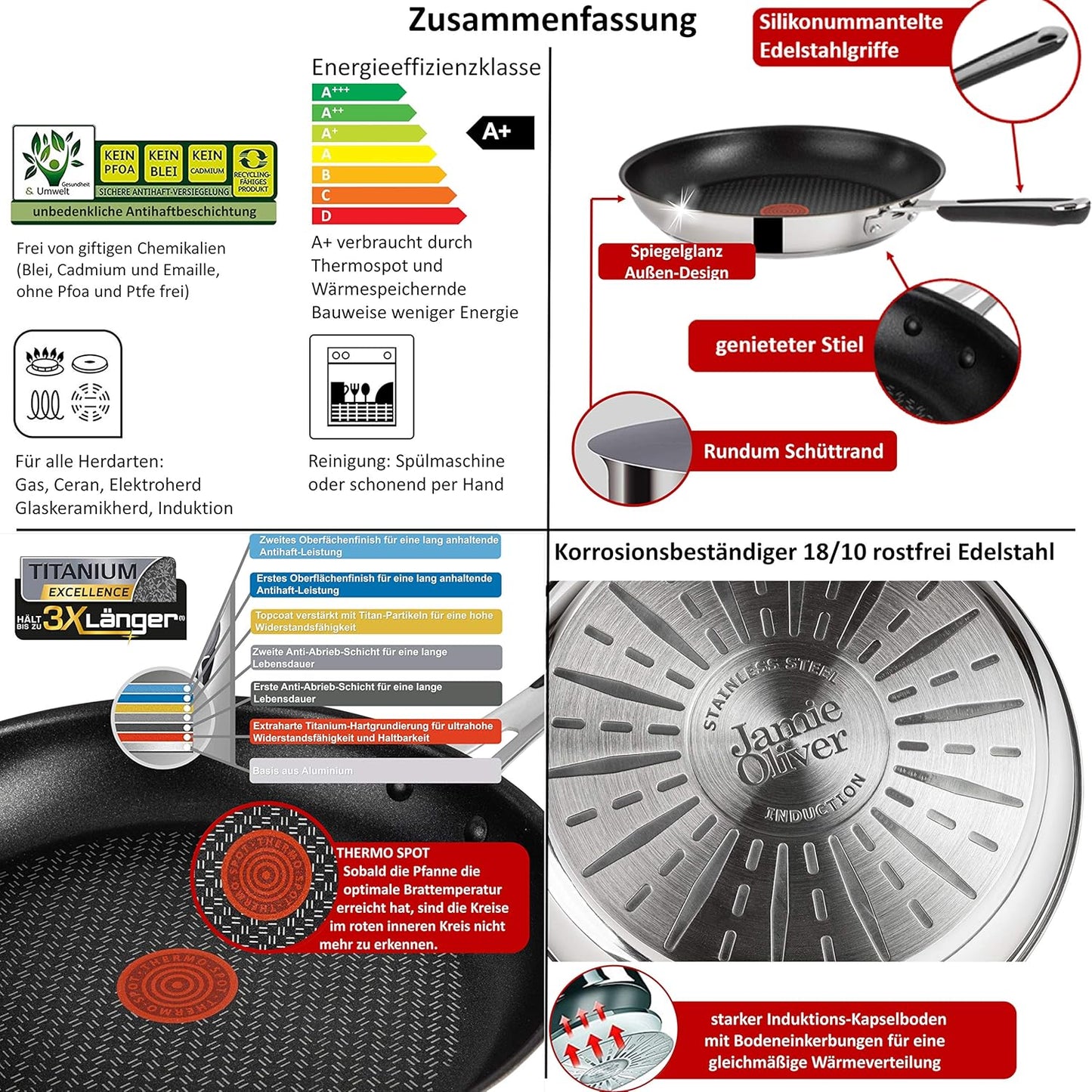 Tefal E30 Jamie Oliver 7-teiliges Set 18 Pfannenset Induktion, Schmorpfanne 25 cm mit Glasdeckel, Pfannen 20 cm, 24 cm, 28 cm, Antihaftbeschichtet, Spülmaschinenfest, Silber