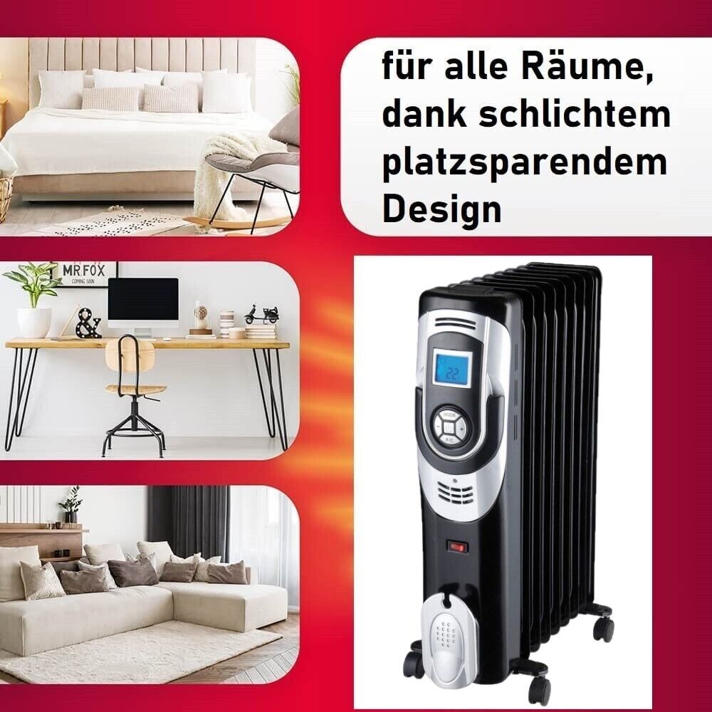 JUNG DREXON EUR20 Ölradiator Elektrische Heizung 2000W Heizkörper mit Thermostat, Mobiler Öl-Radiator mit 9 Rippen, Timerfunktion, Leiser Betrieb, Innenraumheizung für 30m² Räume