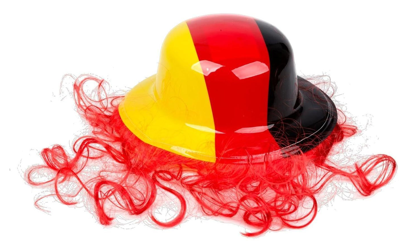 JUNG Deutschland Fanhut Melonenhut mit Haaren Kunststoff Fanartikel EM 2024 Fußballhut Fanhut mit Kunsthaar Schwarz Rot Gold Unisex Damen Herren Fanpaket Partyhut Nationalfarben Stadionevent