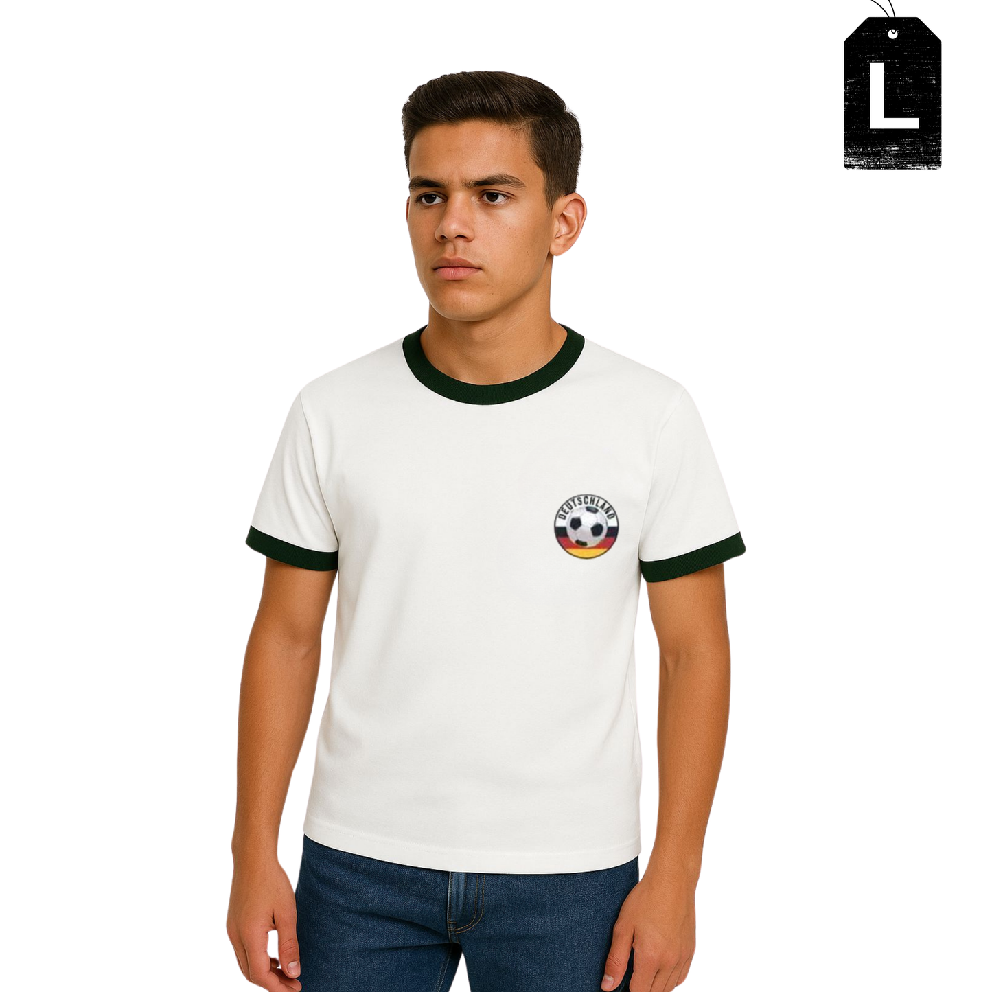 JUNG Deutschland Trikot EM 2024 Fussball Fan T-Shirt Gr. L für Damen & Herren, Fanbekleidung Europameisterschaft, Deutschland Shirt Schwarz Rot Gold, Fanartikel EM Trikot Männer Frauen