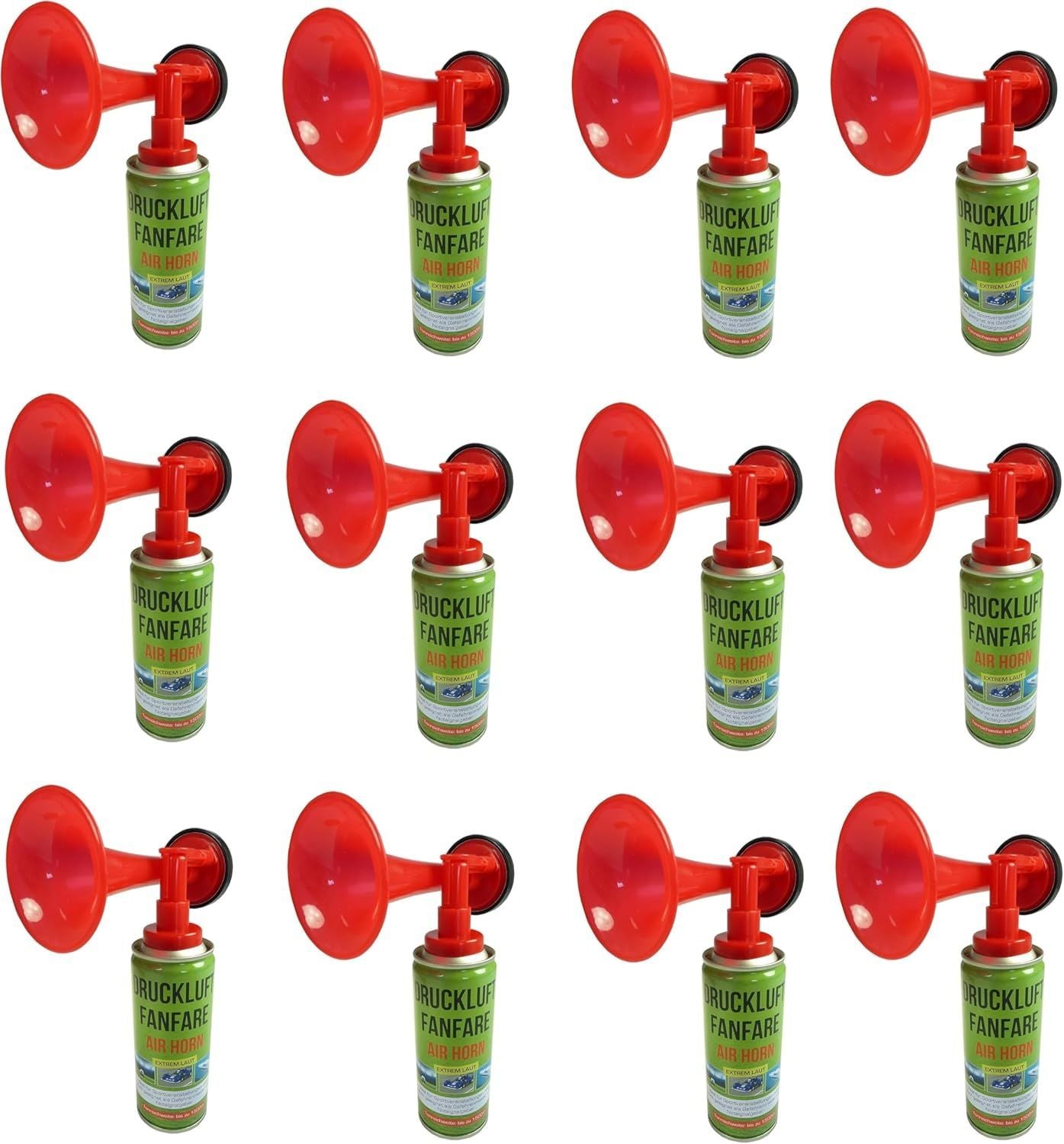 JUNG Druckluftfanfare Air Horn Set 12x 210ml Stadion Fanfare Gashupe EM 2024 Fantröte Fußball Europameisterschaft Tröte Signalhorn Hupe Airhorn Warnsignal Drucklufthupe
