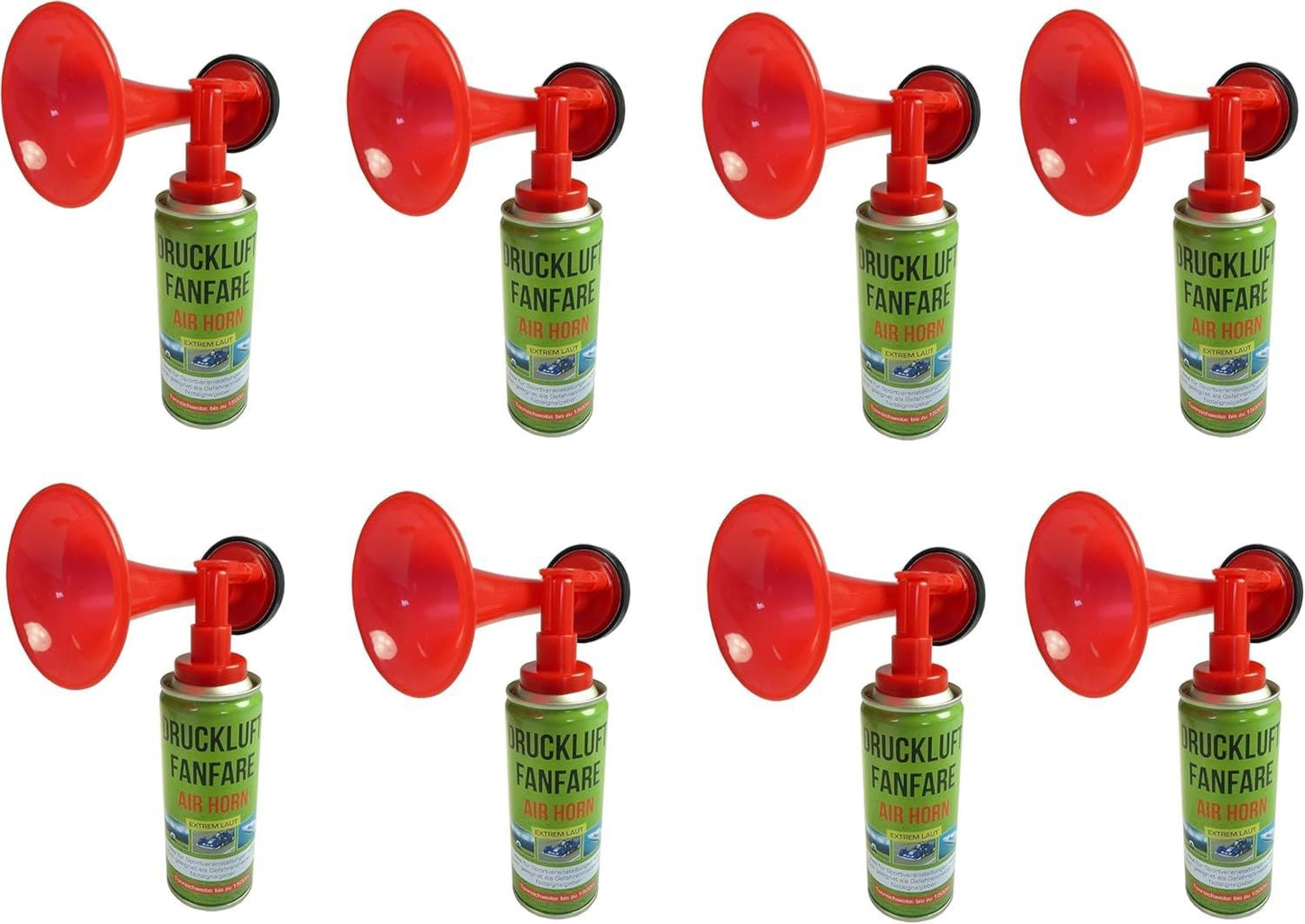 JUNG Druckluftfanfare Air Horn Set 8x 210ml Stadion Fanfare Gashupe EM 2024 Fantröte Fußball Europameisterschaft Tröte Signalhorn Hupe Airhorn Warnsignal Drucklufthupe