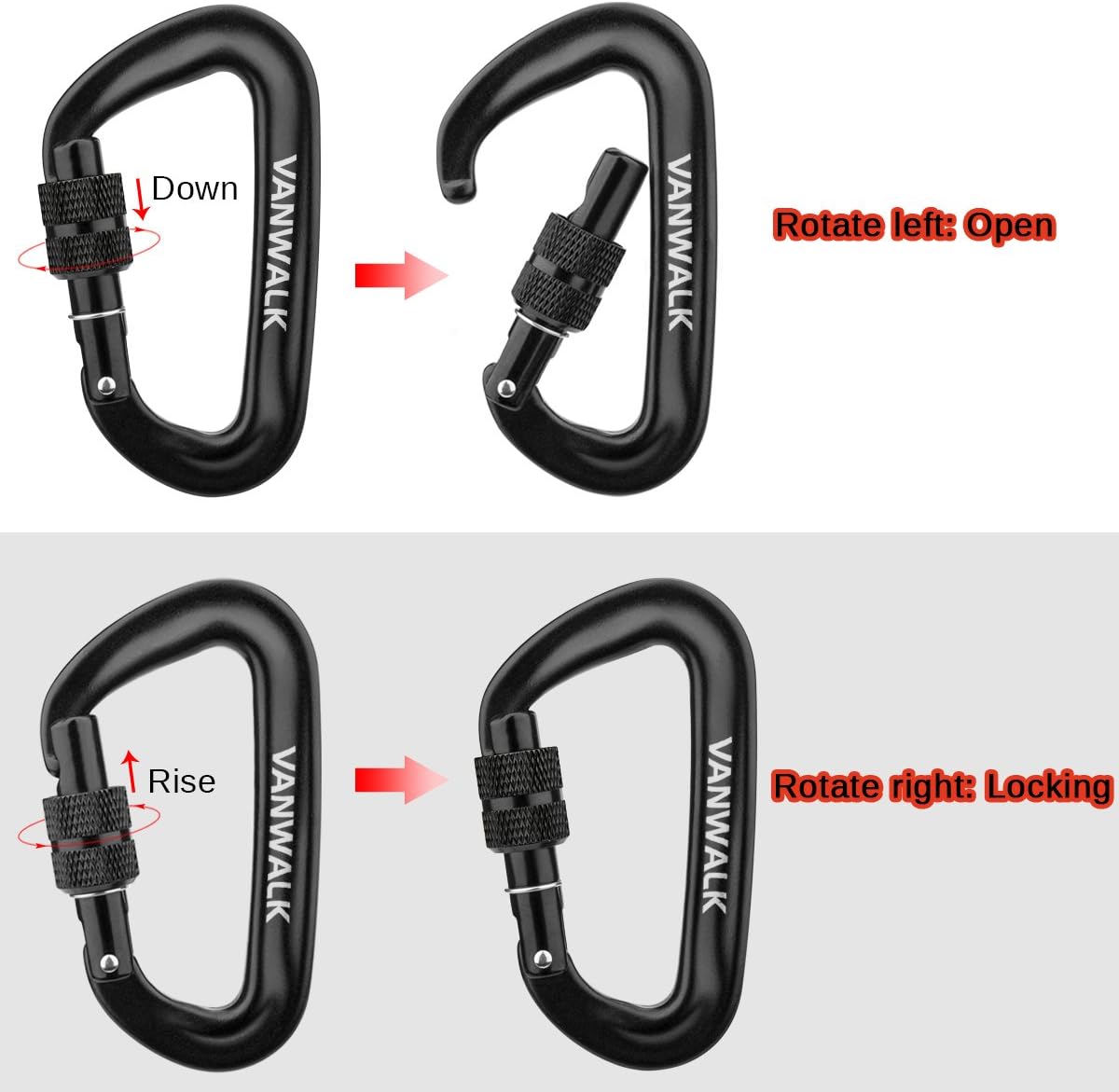 VANWALK Aluminium Karabinerhaken Set mit Locking-System – ultraleicht und robust – Schlüsselanhänger, Outdoor-Karabiner, Aluminium Karabiner für Rucksack, Camping, Wandern, Hängematte, Reisen