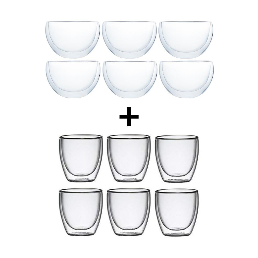 Klasique Doppelwandige Gläser Set – 6 Espressogläser 100ml & 6 Teegläser 300ml, Thermogläser mit Schwebeeffekt, Borosilikat, Handgefertigte 12x Glöser