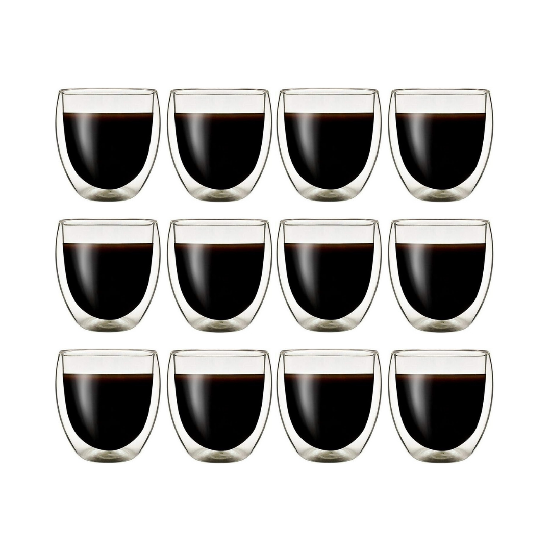 Klasique Doppelwandige Espresso Gläser 100ml, 12er Set, Thermogläser Borosilikat, Schwebeeffekt, Hitzebeständig, Spülmaschinenfest, Glas Doppelwandig