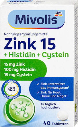 Mivolis Zink 15 + Histidin + Cystein Tabletten 40 St, 19 g